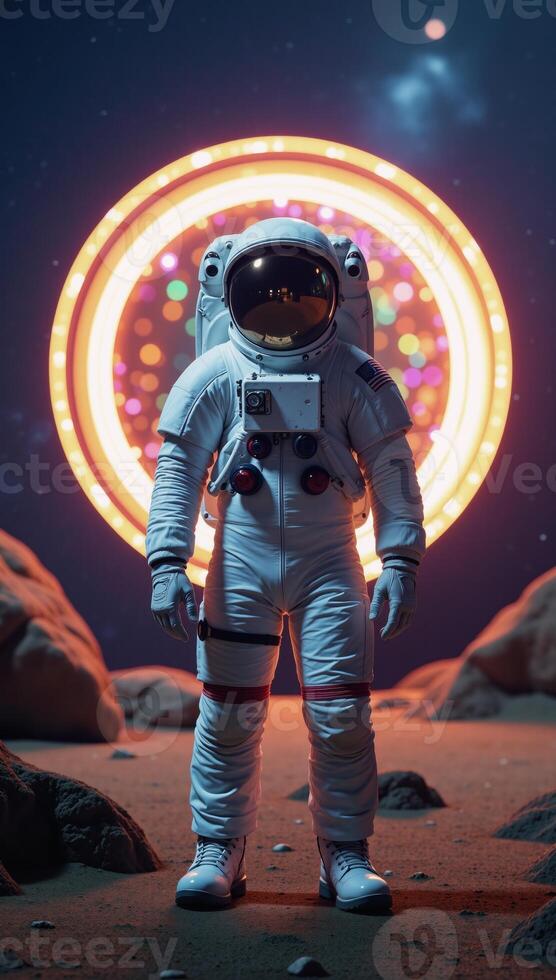 Astronaut before alien space portal on distant planet SciFi photo