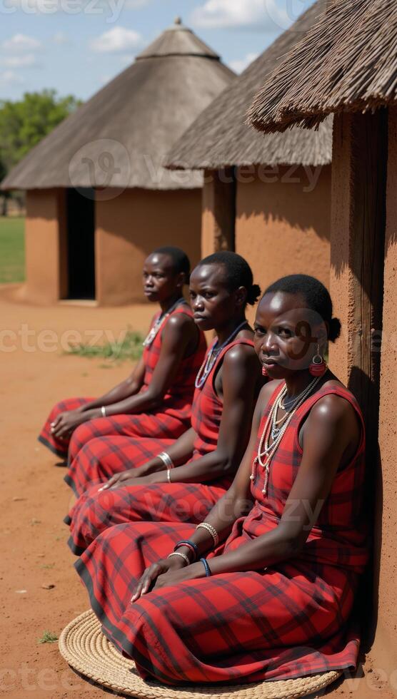 Group of Himba women in traditional clothing gathered outside huts in an African village Namibias Kunene region photo