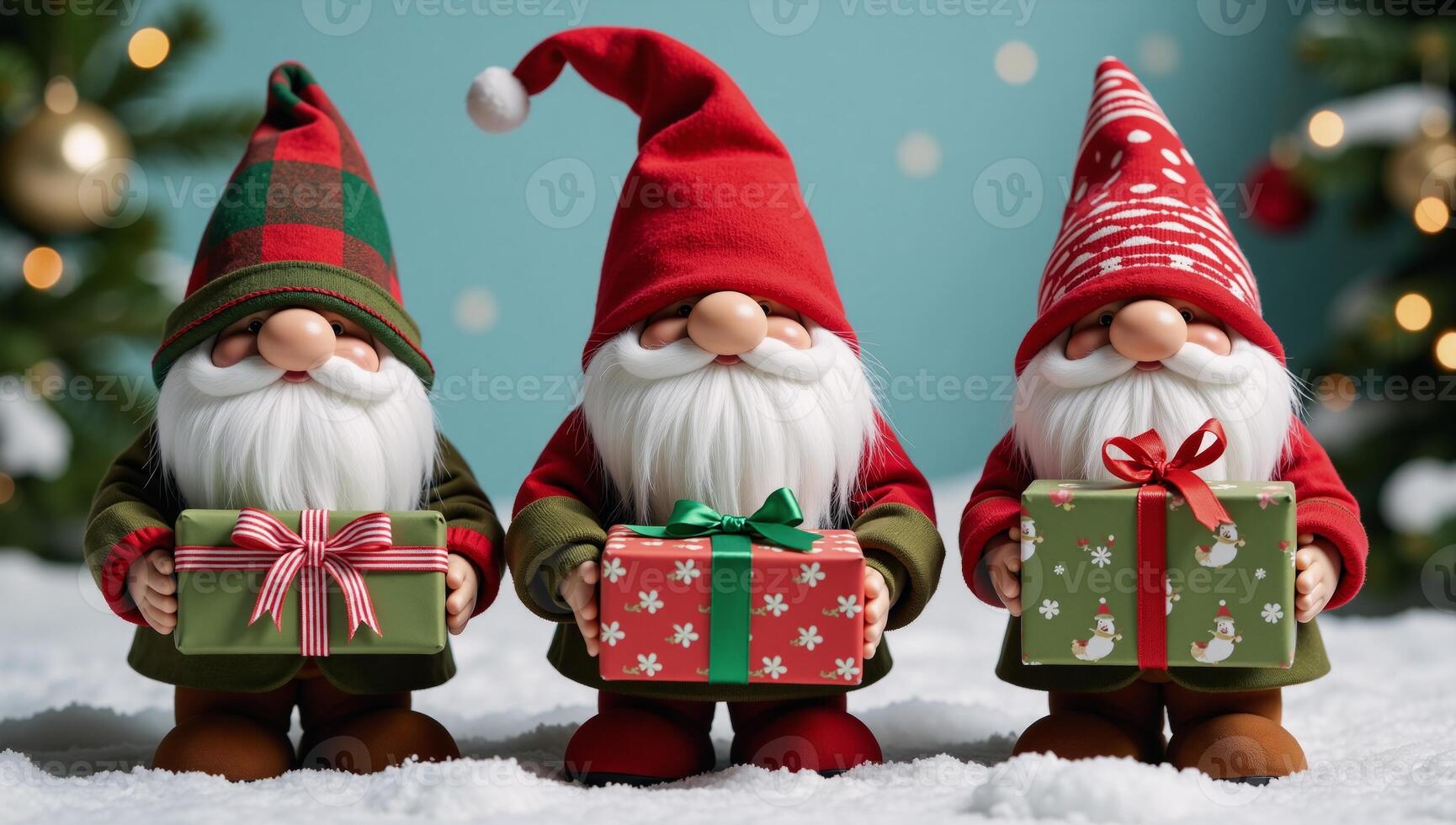 Three giftbearing Christmas gnome figures photo