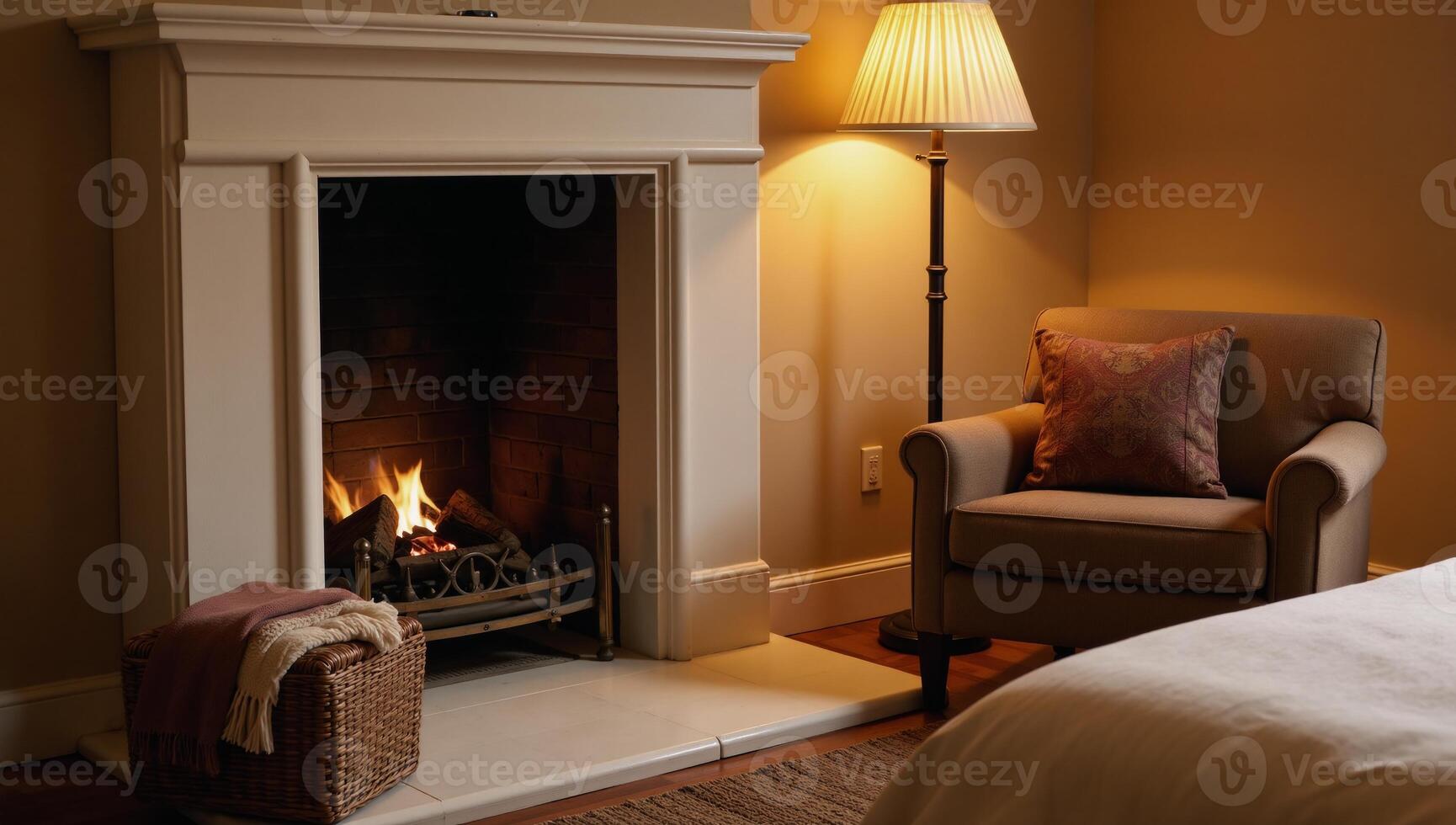 Cozy bedroom featuring a fireplace and seating area photo