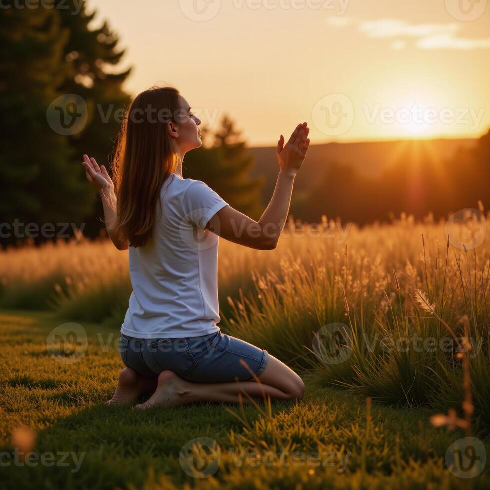Person kneels with open arms toward sunsetbackdrop for prayer at meadow photo