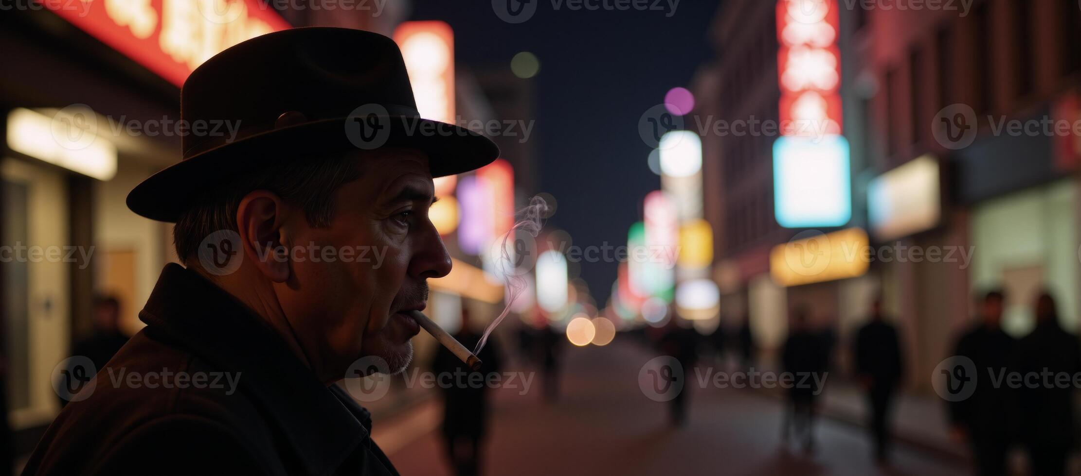 A cigarettesmoking man wearing a hat appears in a retro cityscape at night framed by colorful neon lights photo