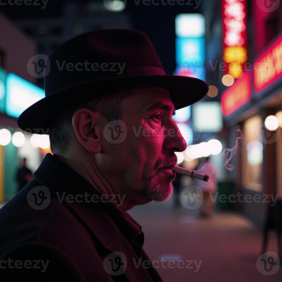 A cigarettesmoking man wearing a hat appears in a retro cityscape at night framed by colorful neon lights photo