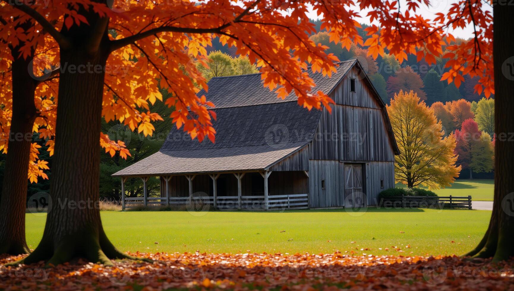 Autumn scene featuring vibrant leaf colors surrounding an oldfashioned barn photo