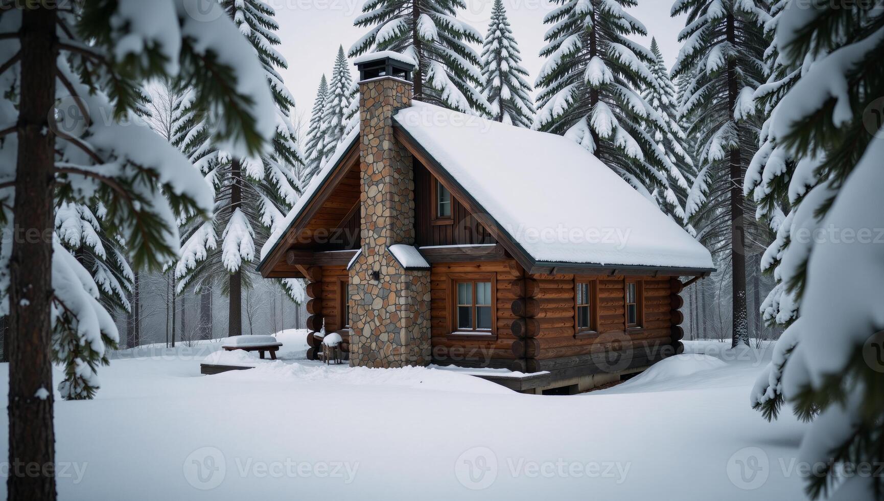 Snowy cabin nestled amidst a wintry forest landscape photo