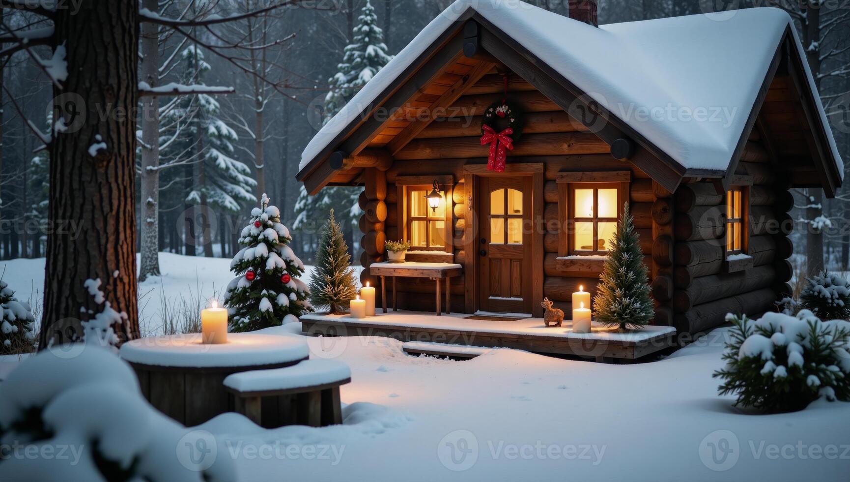 A snowcovered cabin glows warmly from within against a cold winter landscape surrounded by candles on podiums adorned with falling snowflakes Cosy Winter Scene photo