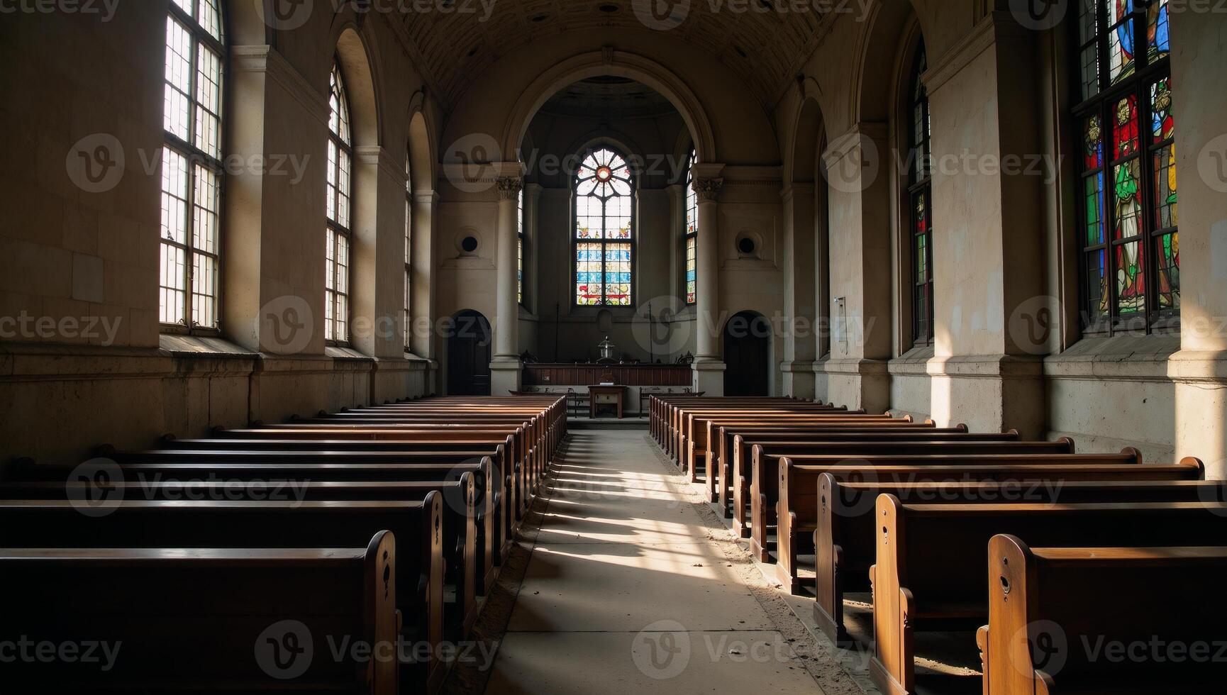 A decrepit church adorned by stainedglass windows and empty pews photo