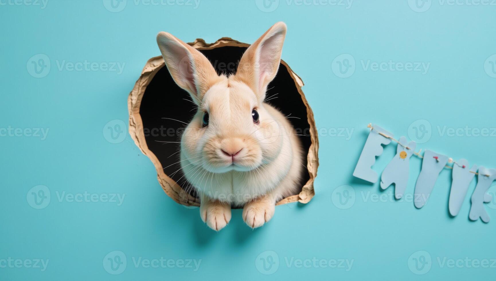 Fluffy Easter Bunny emerges from a torn hole in a bluewalled setting photo