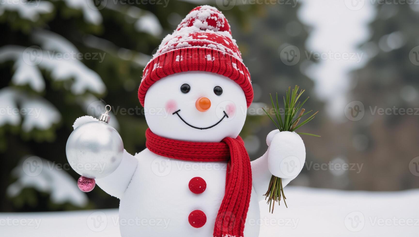 Cheerful snowman with red hat and scarf holding festive ornament and greenery photo
