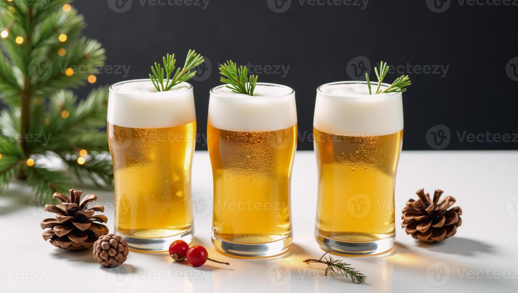 Three frosty glasses of beer adorn a wintry scene on a white table surrounded by pinecones and decorative elements evoking the joyous holiday atmosphere photo