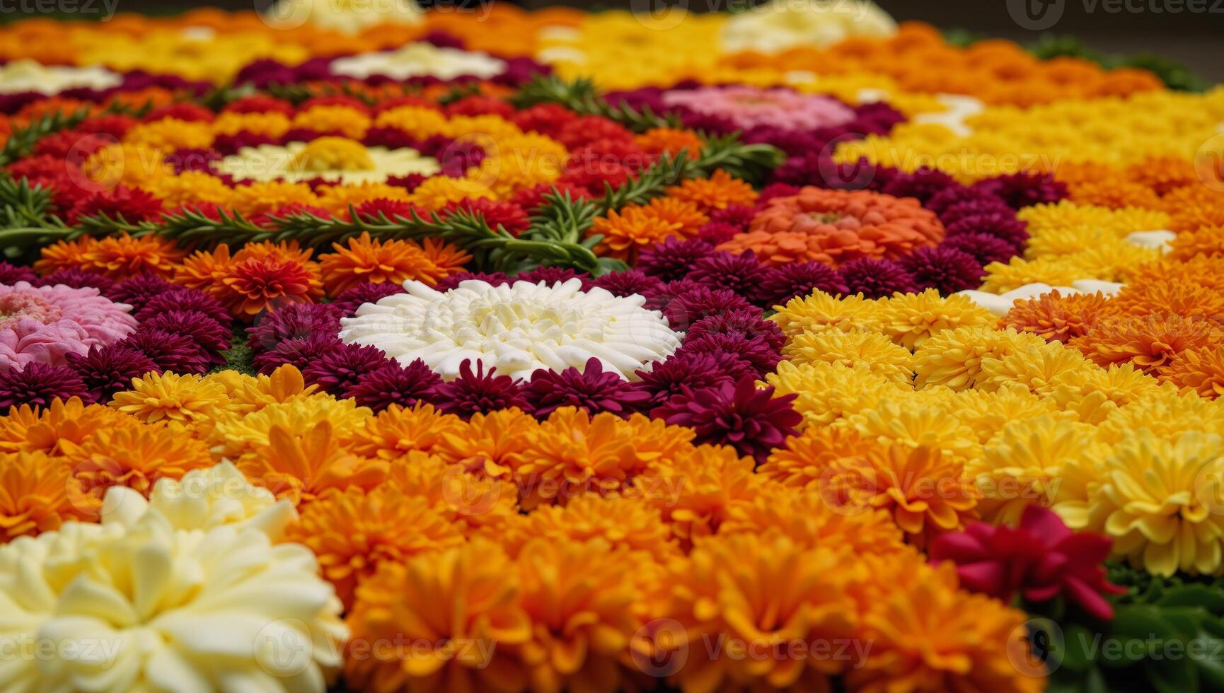 A detailed closeup image showcasing a traditional Onam Pookalam floral carpet photo