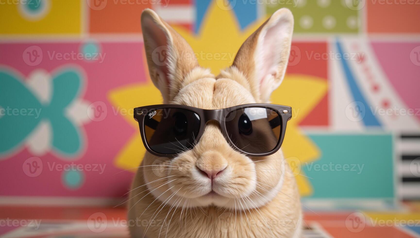 Colorful backdrop features a chic rabbit donning shades photo