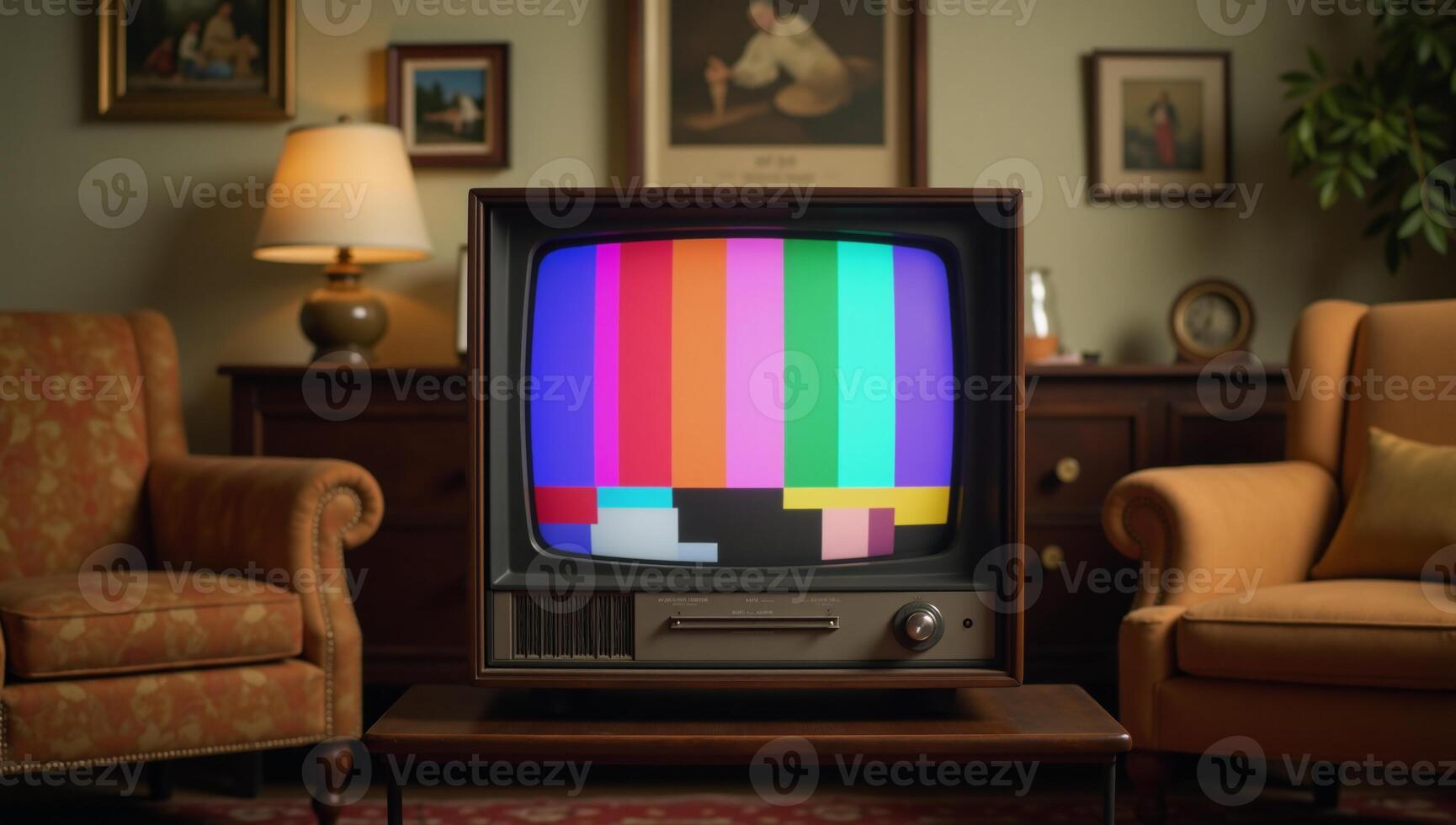 A vintagestyle television displaying color bars within a warm retro living room setting photo