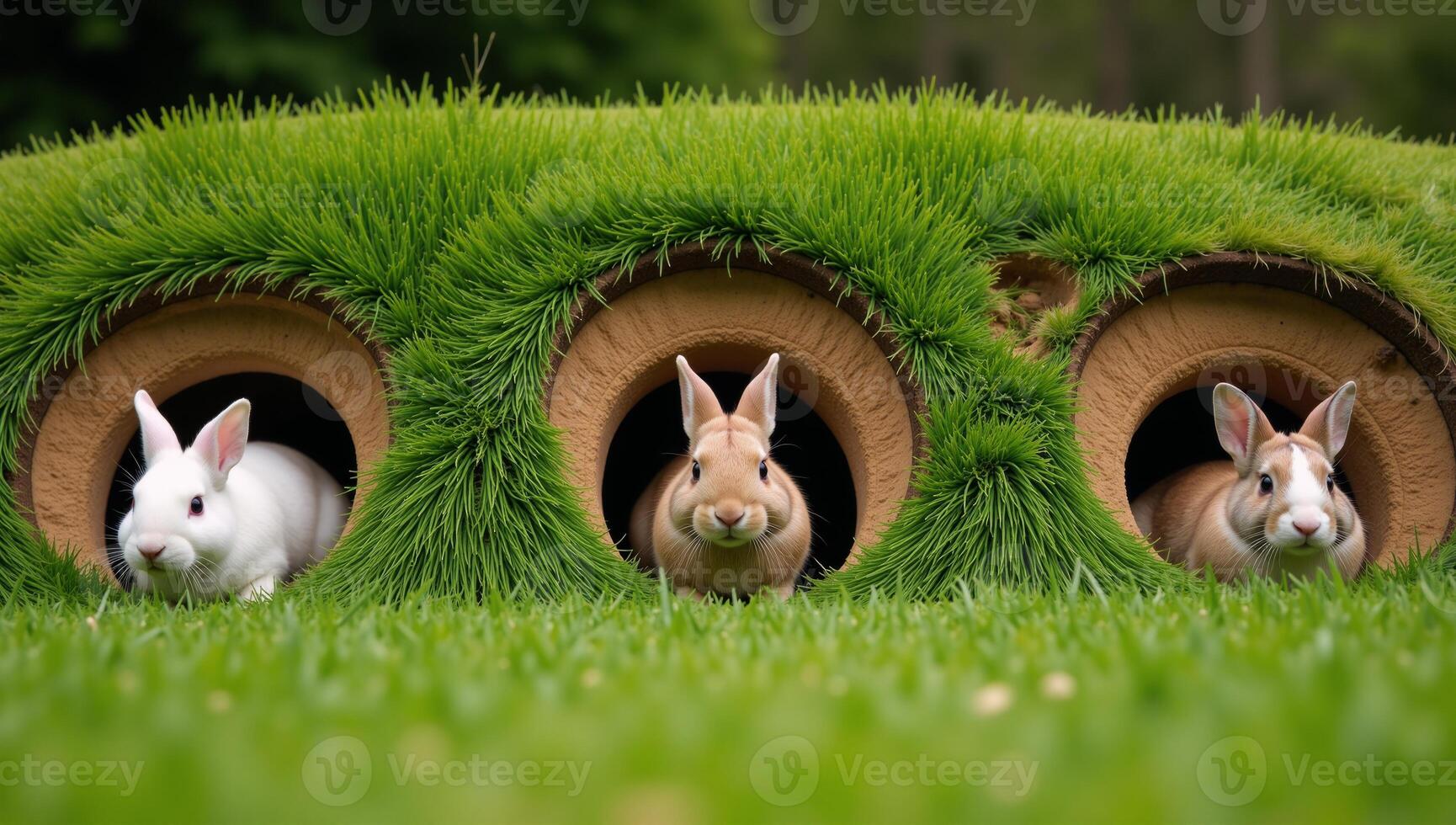 Rabbits emerge from elaborate warrens with detailed burrows showcasing a cozy protected underground home within a lush highdetail meadow photo