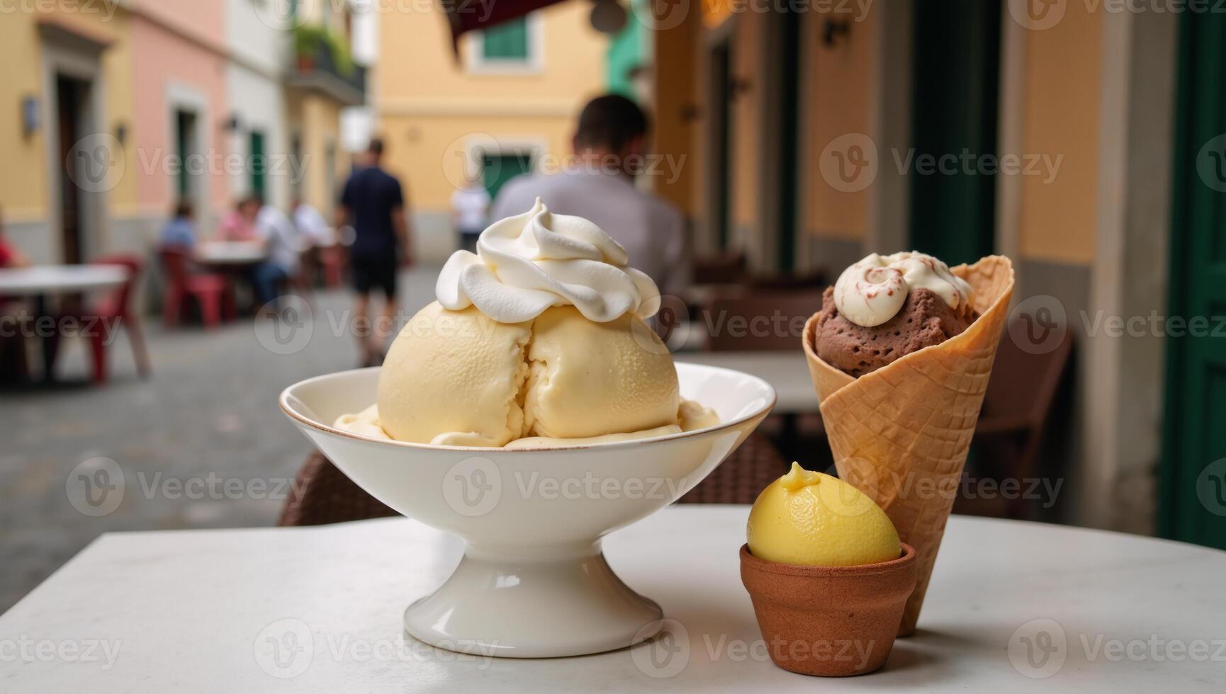 Creamy pearflavored Italian ice served in a sundae dish accompanied by dual cones filled with cocoa and lemon flavors at a vibrant gelato shop photo