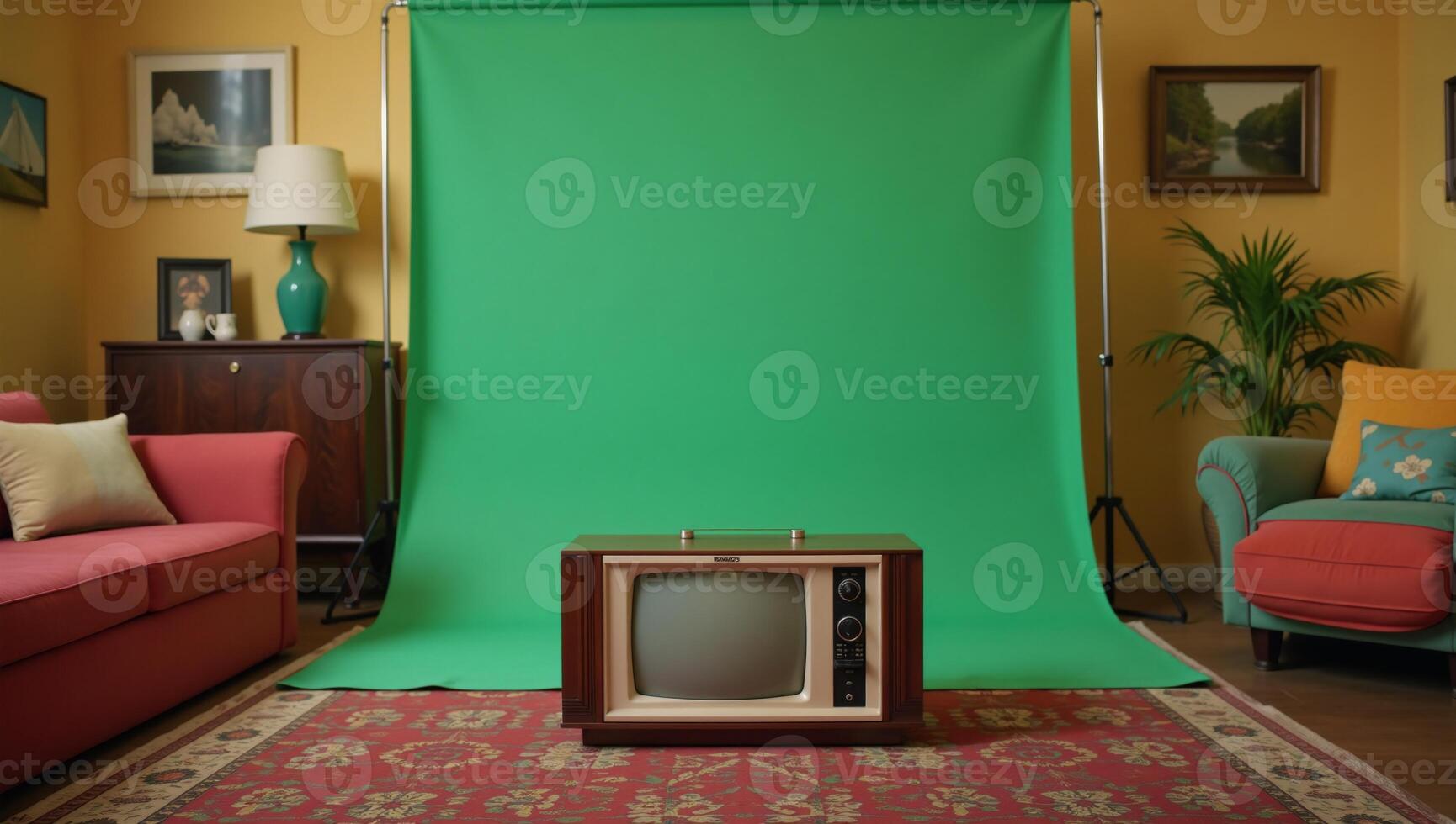 A vintage television set is featured against the backdrop of a cozy retro living room showcasing a vibrant green screen effect photo