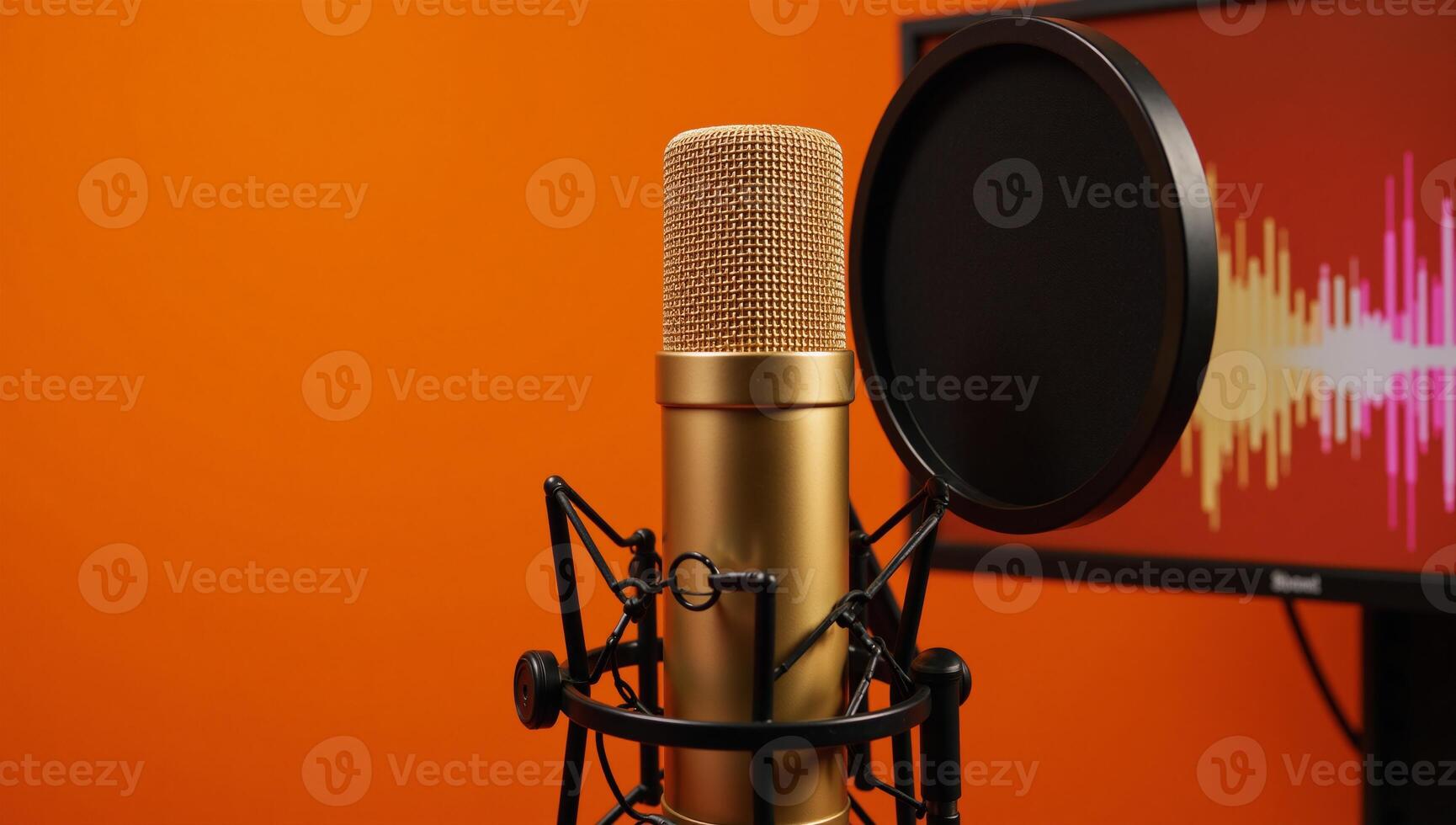Golden mic and pop filter set up against sound waves on vivid orange backdrop professional recording setup photo