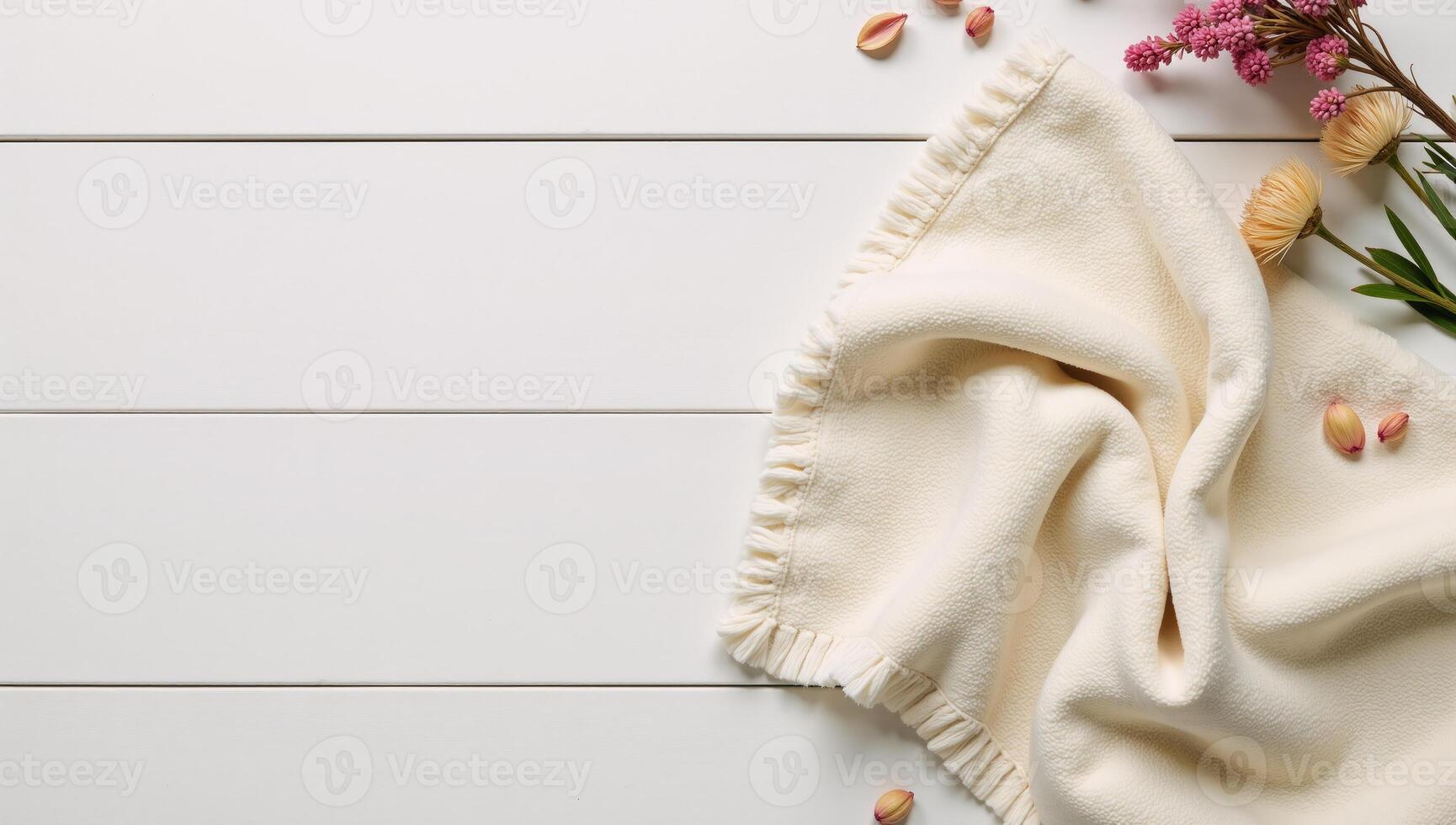 Hygge flat lay featuring an offwhite cream blanket and dried floral arrangement atop a white shiplap wood table photo