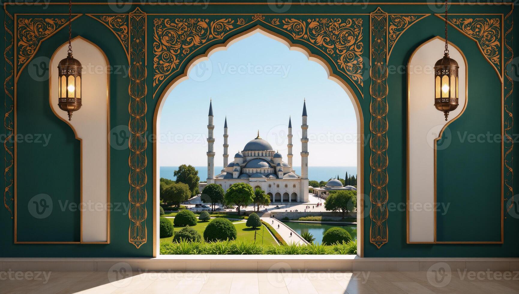 A breathtaking Islamic landscape features a beautiful mosque against an Arabic lanternlit backdrop amidst serene natural scenery photo