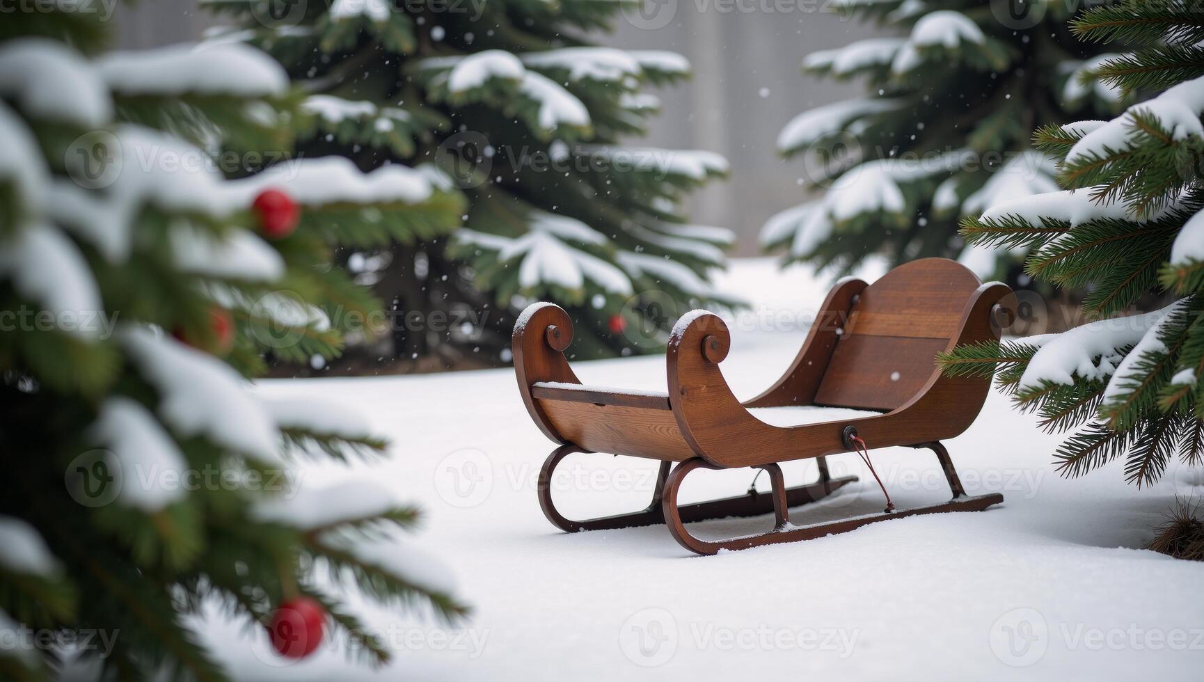 A vintage wooden sleigh amidst snowy evergreens with red berries in a wintry scene photo