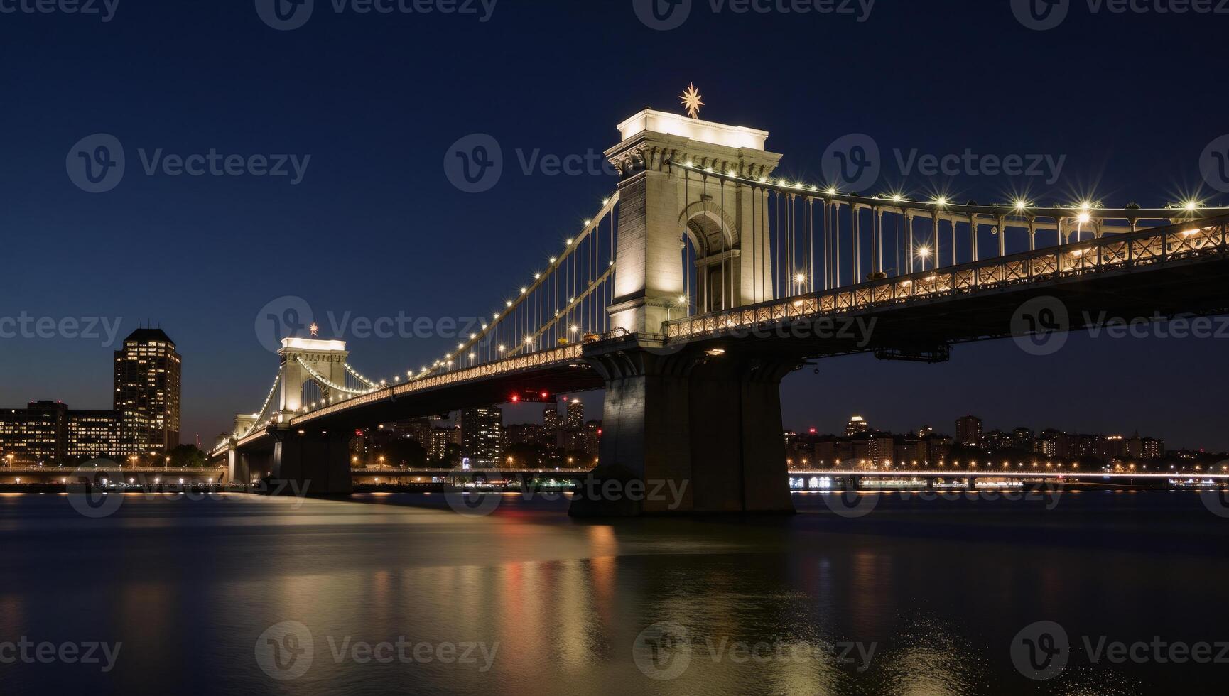 Cityscape featuring iconic bridge at night with shimmering reflections photo