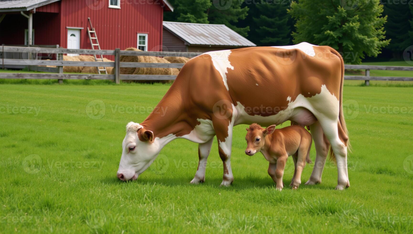 Farmthemed cartoon depicting a cow and calf grazing in a field with nearby barn ladder and haystack photo