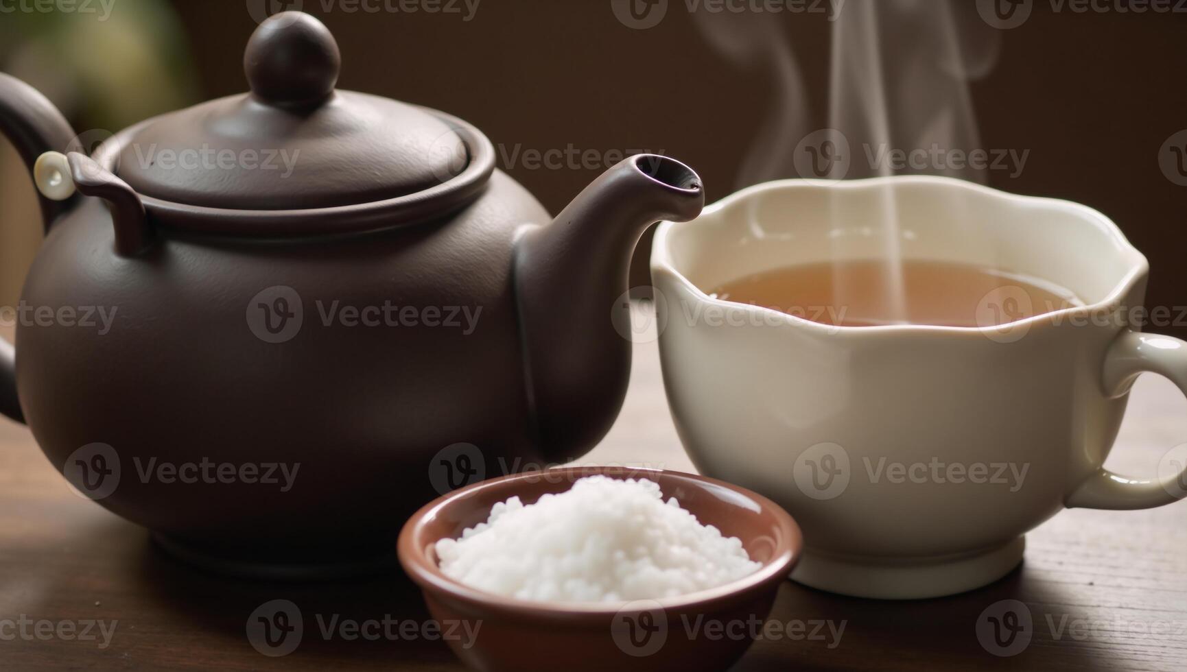 A cup of tea and sugary delights set beside an intricate teapot photo
