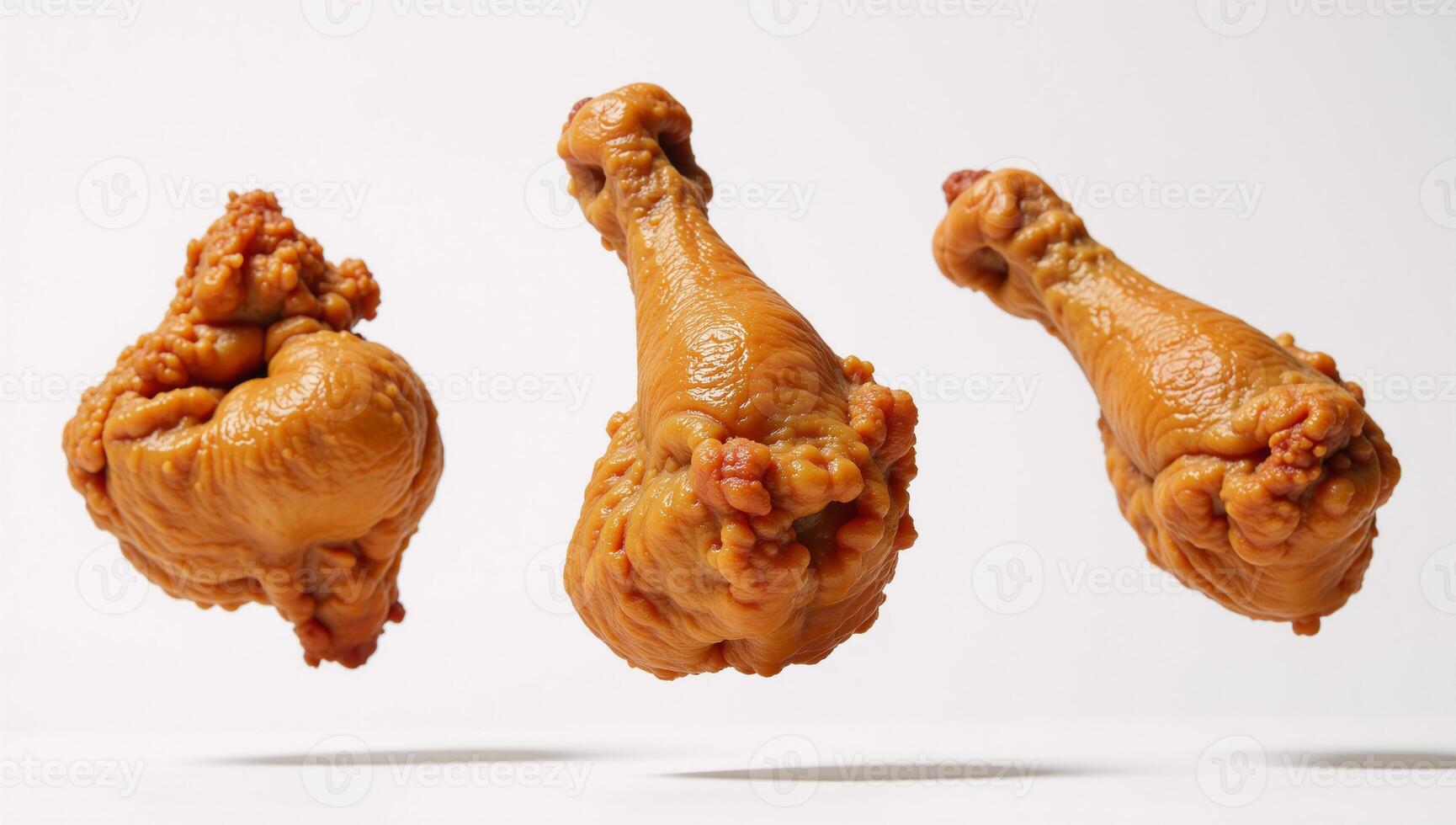 Isolated fried chicken legs suspended midair against a pure white backdrop photo