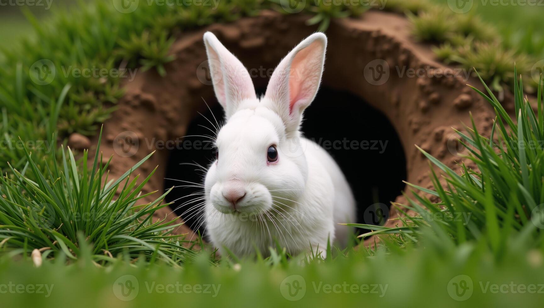 Rabbit exits burrow entrance photo