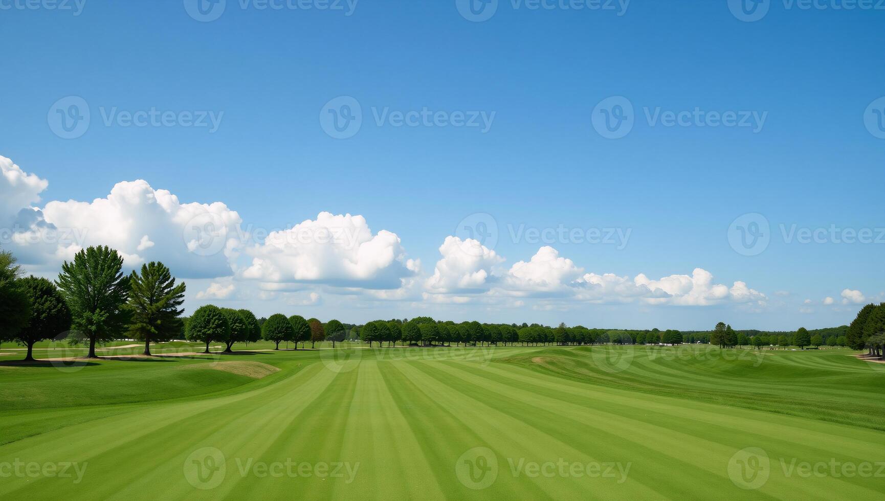 A picturesque golf course scene features lush green fairways under a clear blue sky photo