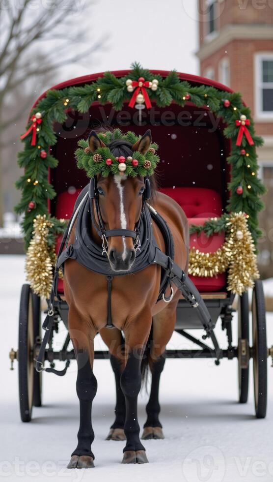 A wreathedhorse pulls a festivelydecorated carriage for a holiday scene photo