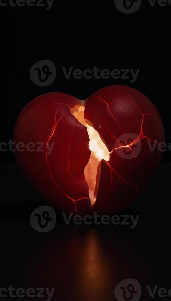 A striking crackedheart image radiating warmth on a dark backdrop the contrast evokes depth and emotion photo