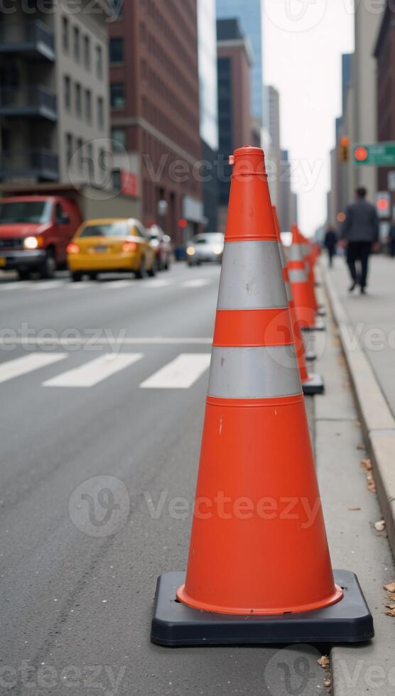 Orange traffic cones mark a bustling scene of street workinprogress with a blurred backdrop of ongoing construction photo