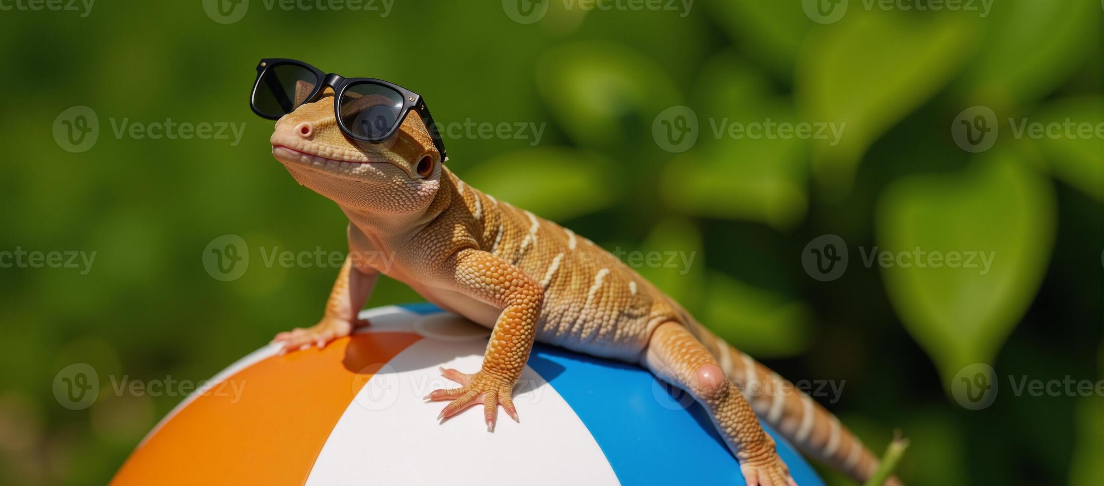 Gecko sporting sunglasses on a tropical beach scene holding a beach ball photo