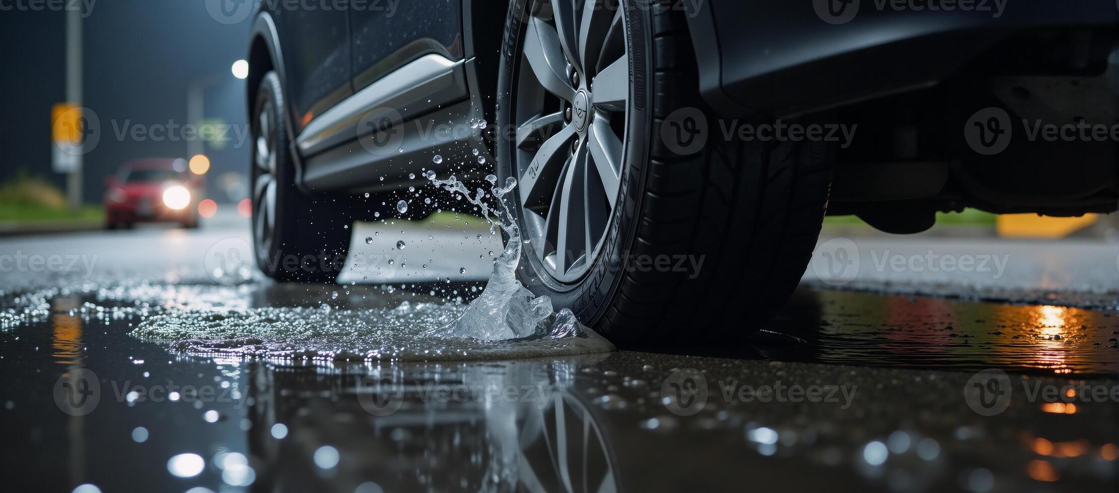 Closeup of car wheels splashing water during a stormy night photo