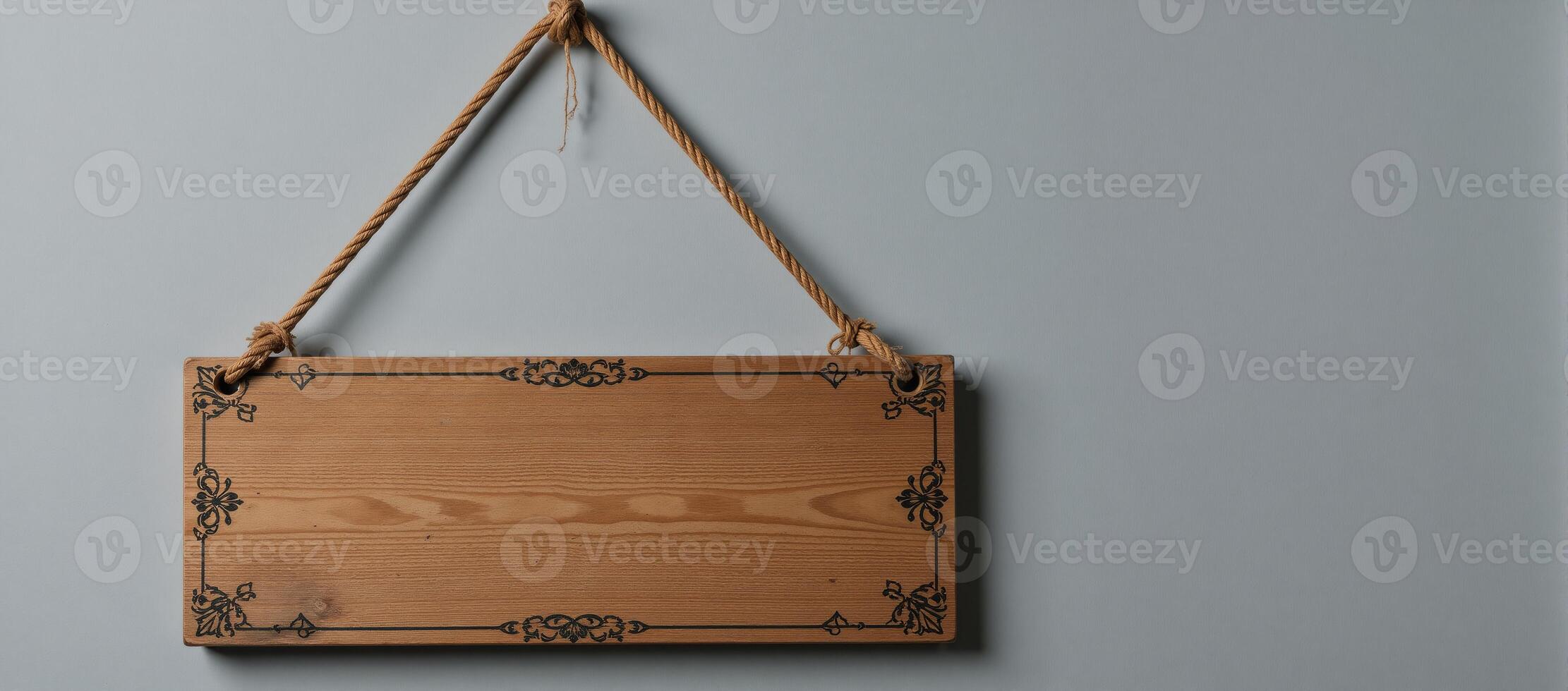 Antique wooden sign with rope detail hanging against grey wall photo