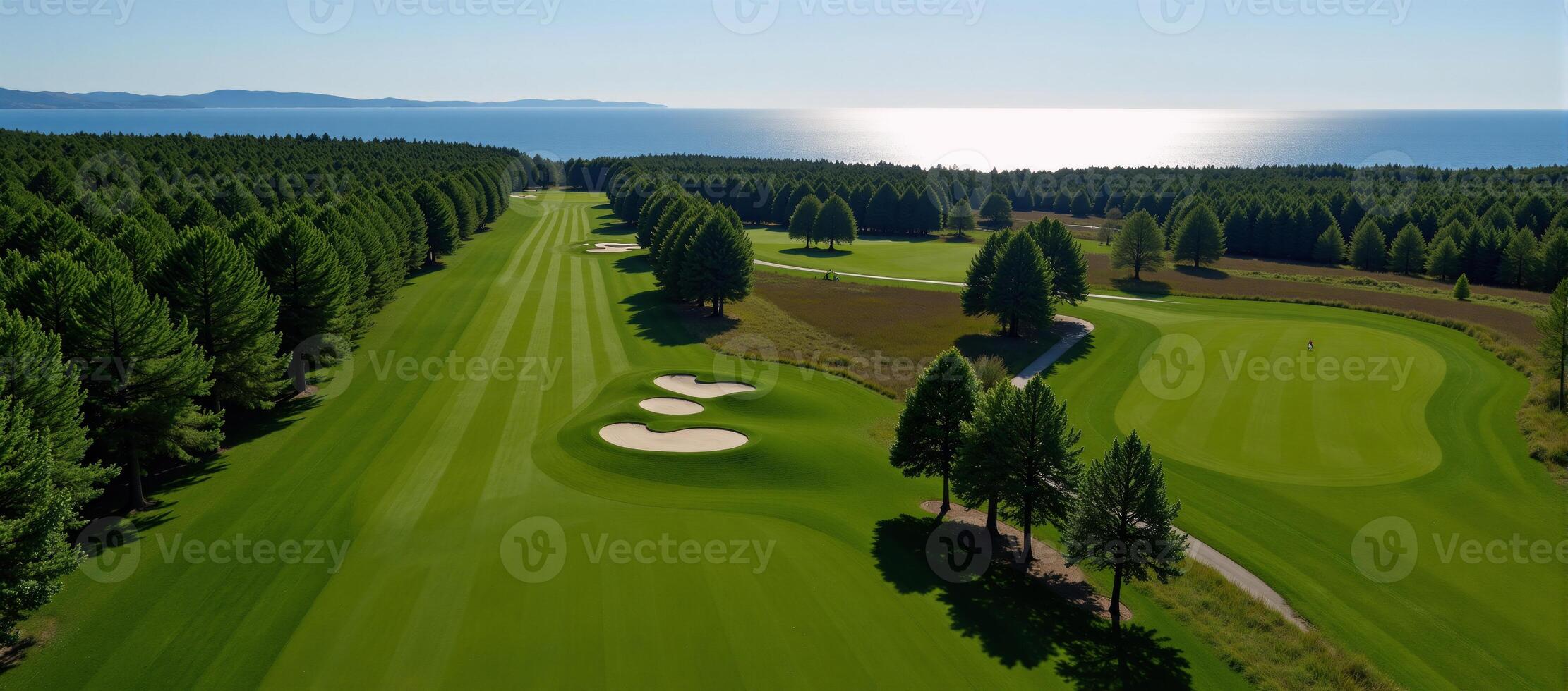 Topdown perspective of a lush picturesque summertime golf course setting photo