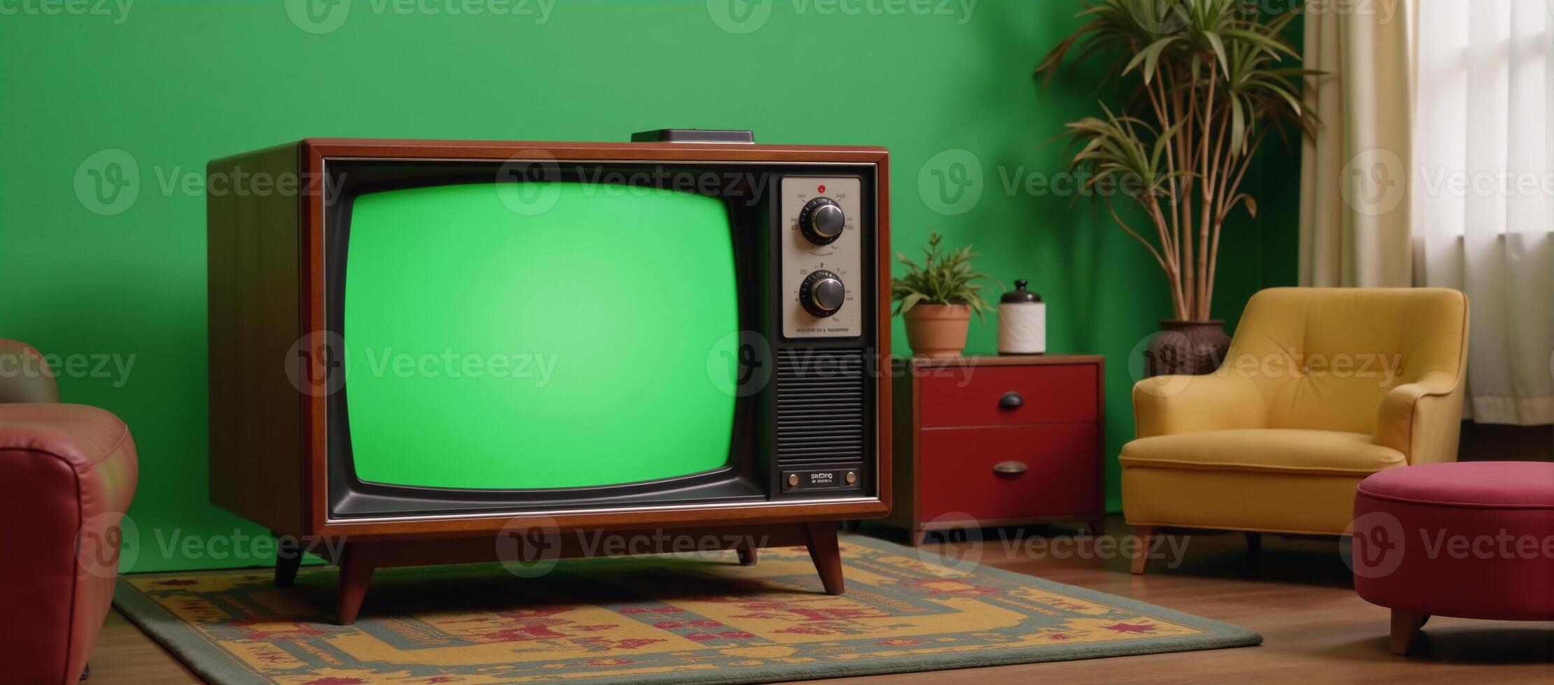 A vintage television set is featured against the backdrop of a cozy retro living room showcasing a vibrant green screen effect photo
