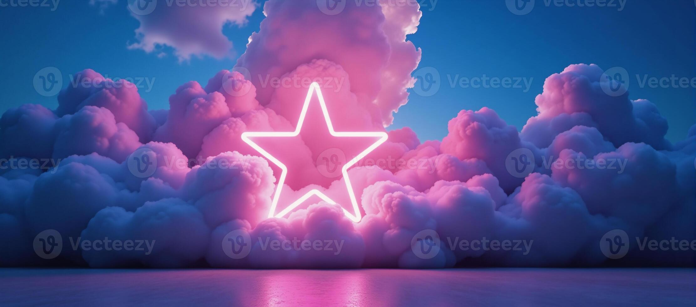 A vibrant futuristic wallpaper featuring a neonlit abstract minimalist background with a glowing star and a tumultuous colorful cloudstorm of cumulus clouds photo