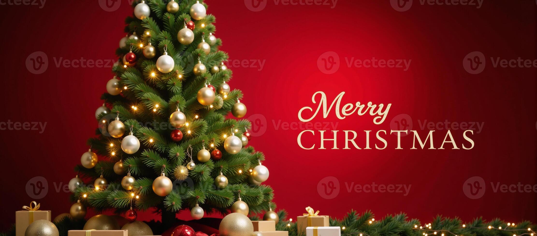 A festive holiday scene featuring golden and silver Christmas lights illuminating a red backdrop adorned with a tree and bright decorations for a Merry Xmas greeting message perfect as an elegant photo