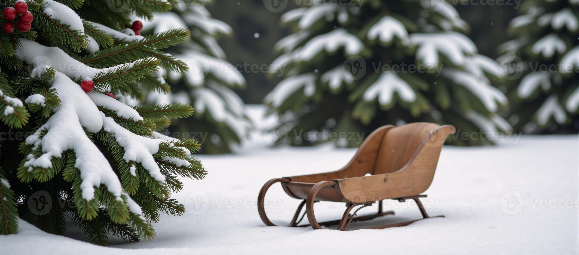 A vintage wooden sleigh amidst snowy evergreens with red berries in a wintry scene photo