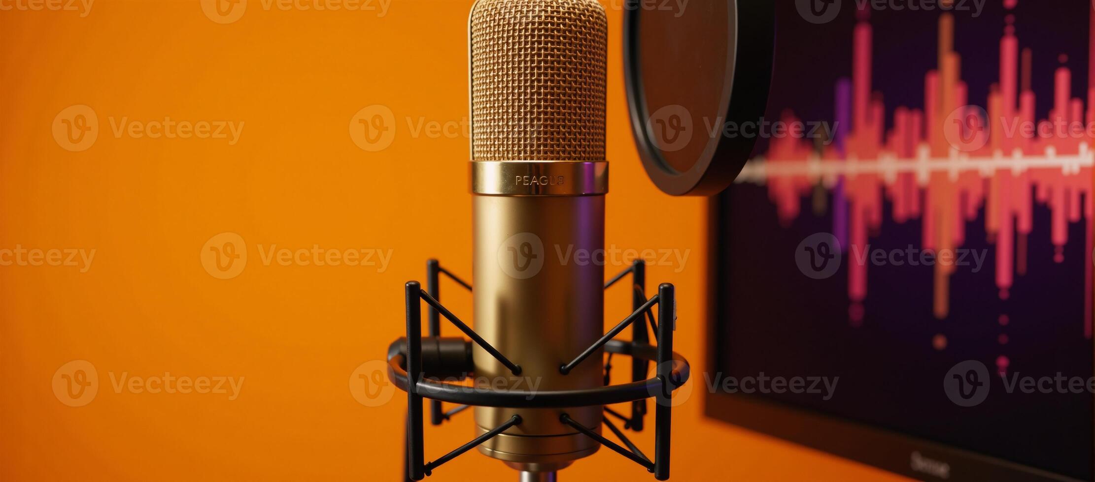 Golden mic and pop filter set up against sound waves on vivid orange backdrop professional recording setup photo