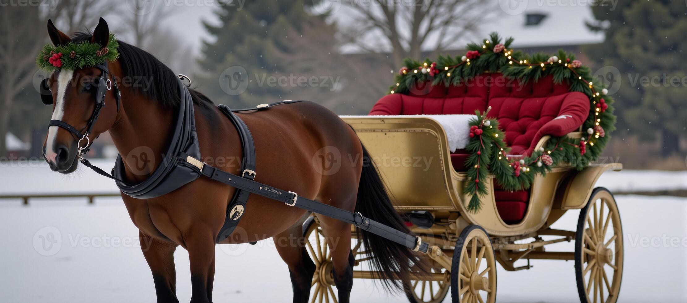 A wreathedhorse pulls a festivelydecorated carriage for a holiday scene photo