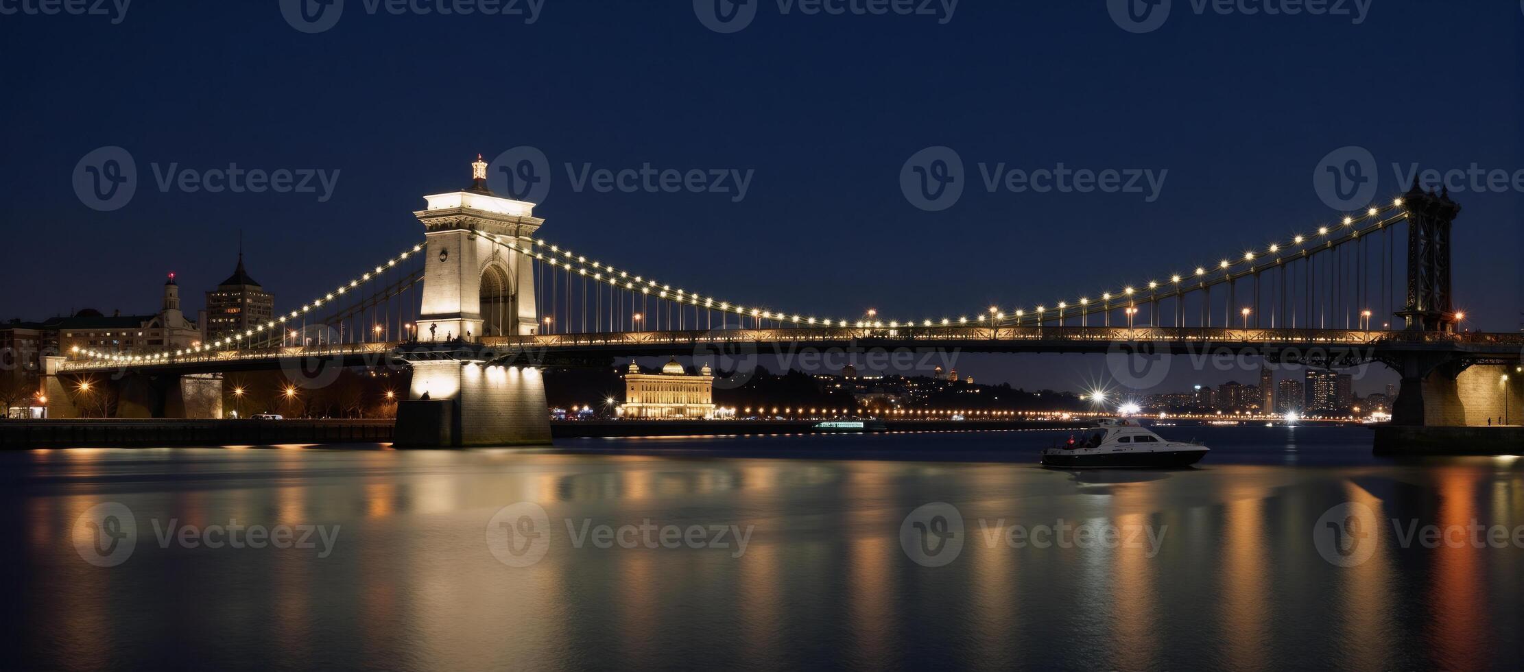 Cityscape featuring iconic bridge at night with shimmering reflections photo
