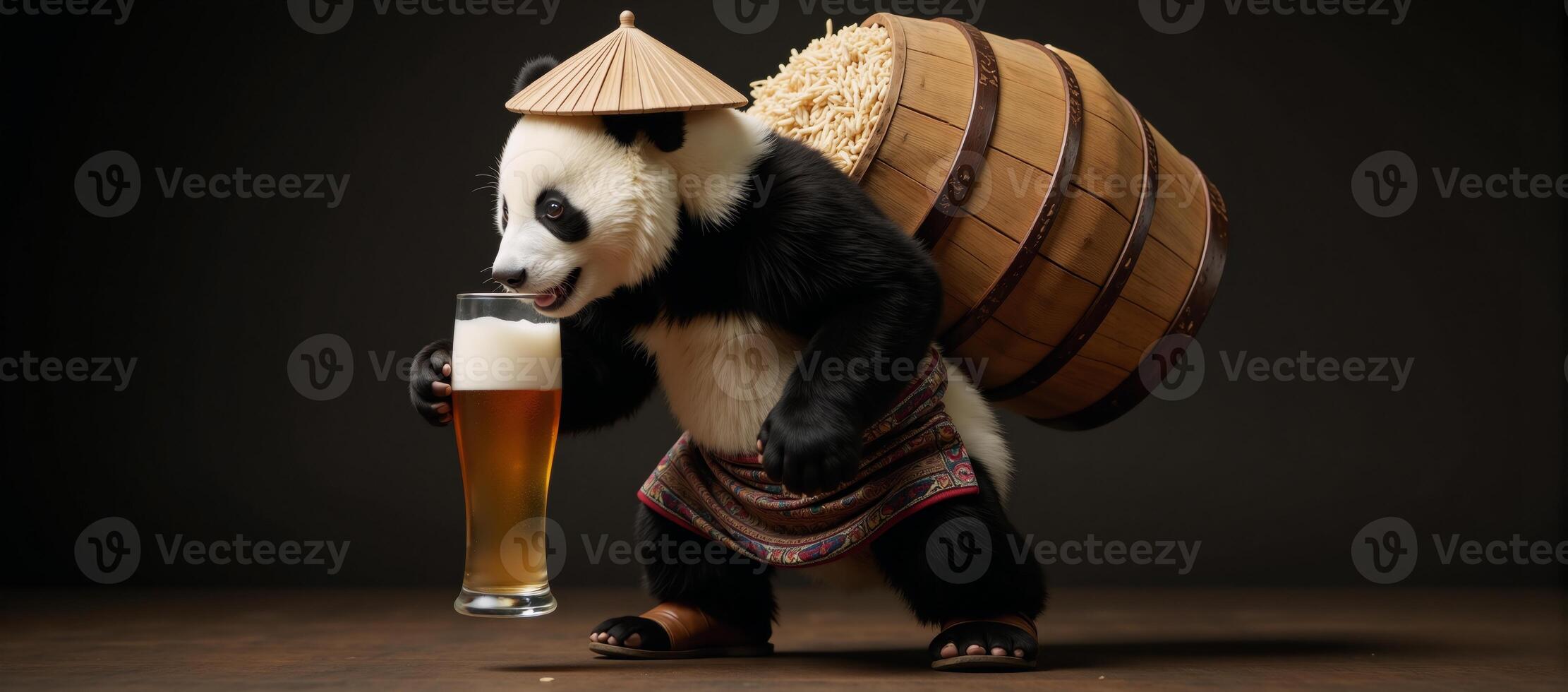 A humorous scene featuring a panda donning traditional clothing enjoying a drink beer and snack barrel of rice photo