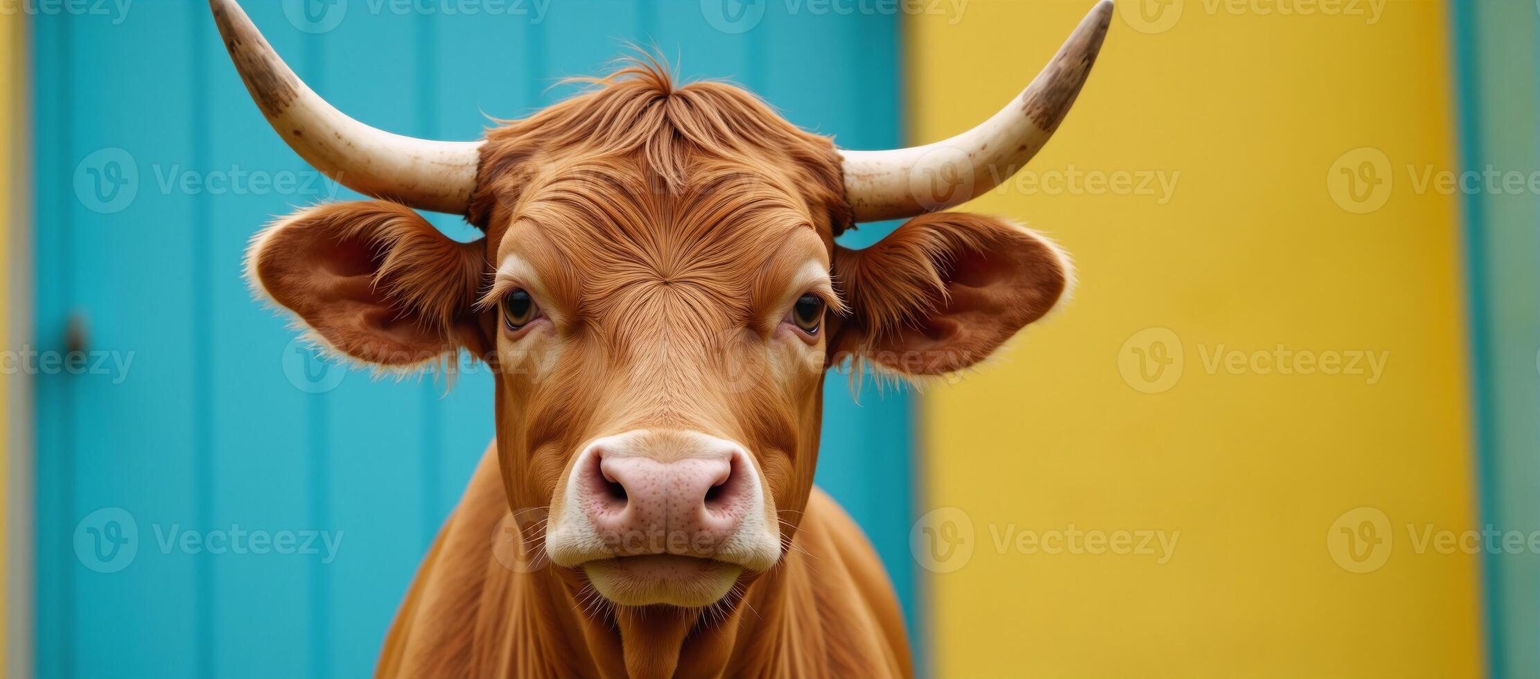 Vibrant portrait depicting a cow adorned with a pair of horns photo