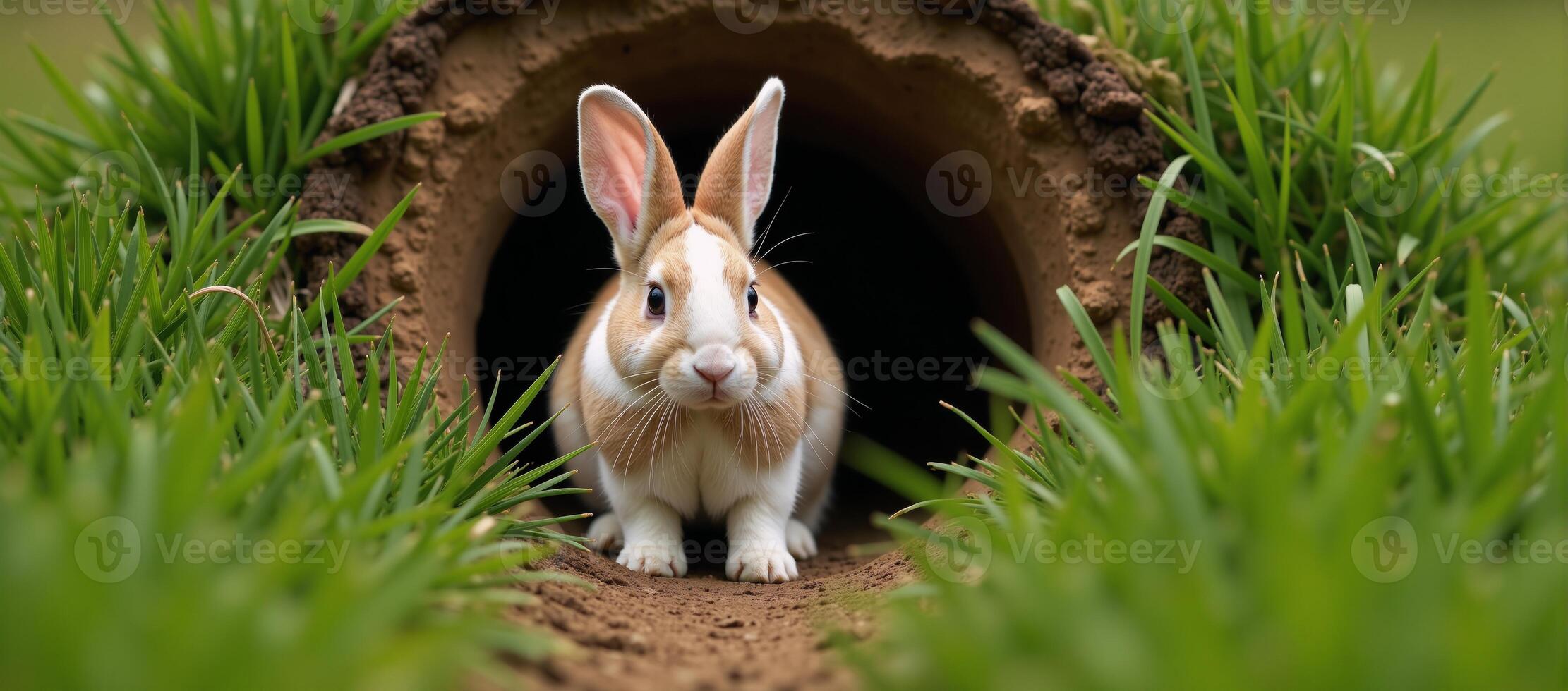 Rabbit exits burrow entrance photo