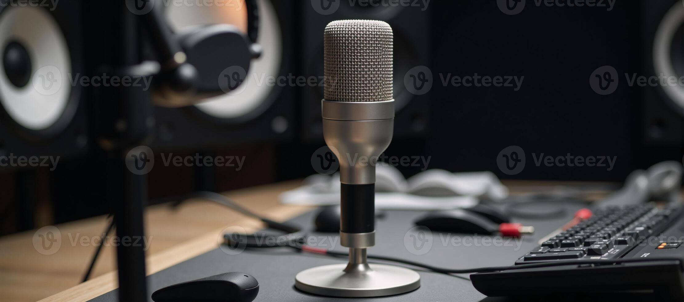 Closeup shot of podcasters highquality microphone in a sound recording studio photo