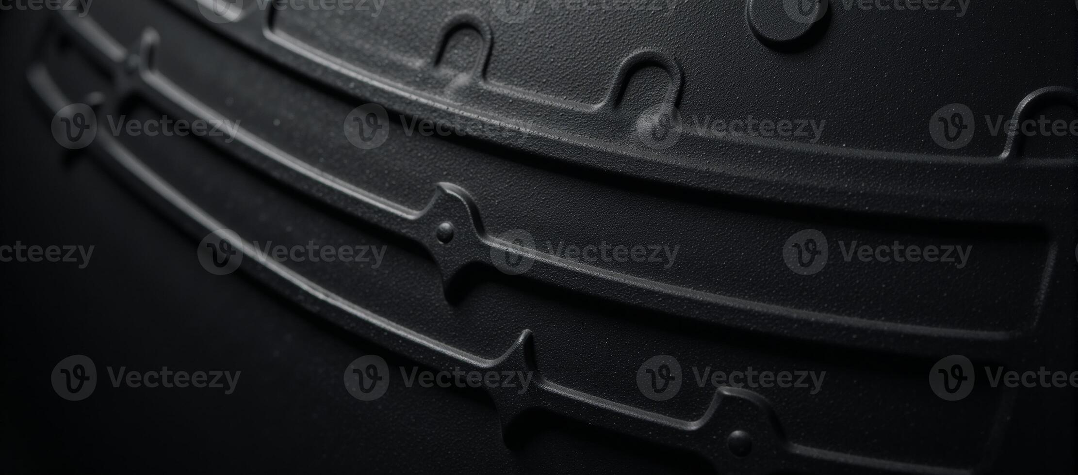 Closeup image showcases intricate patterns on a black metallic surface with seams and rivets photo