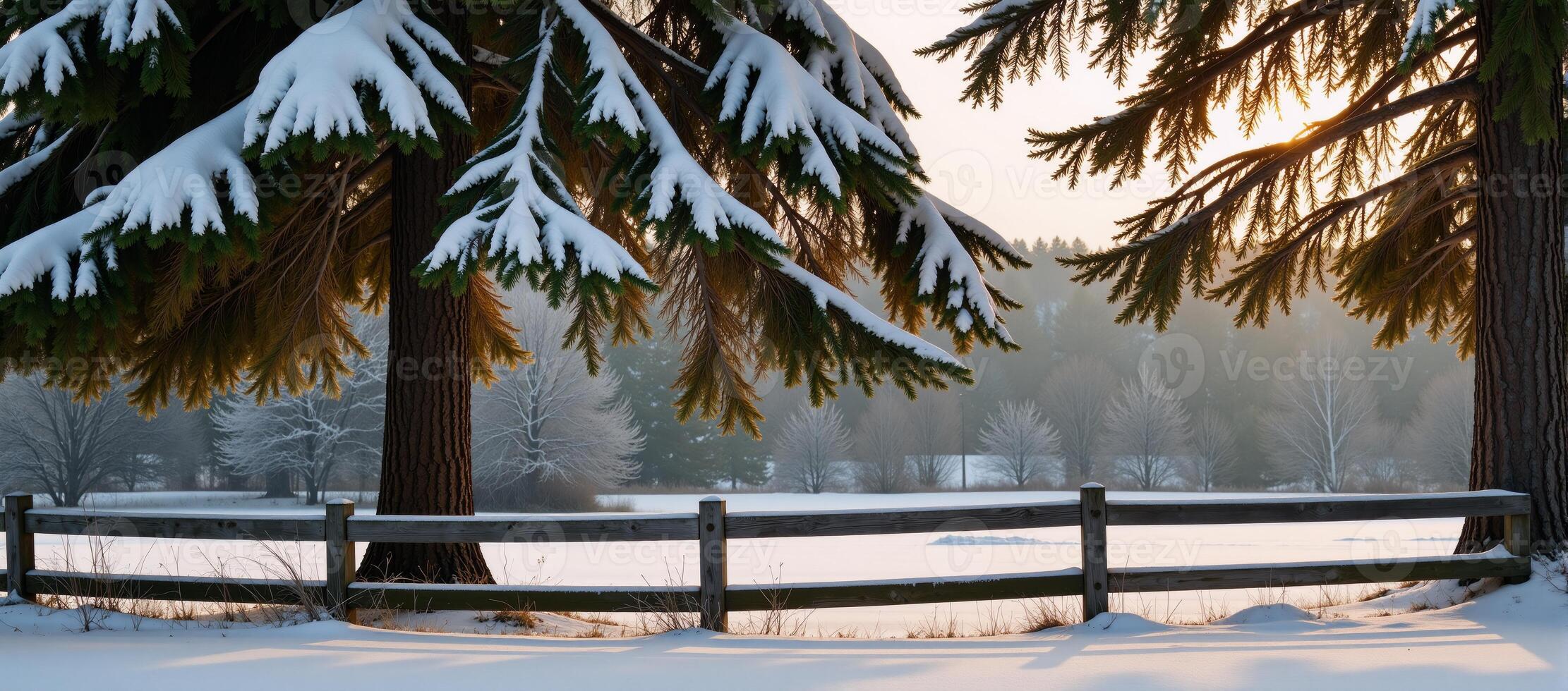 Cozy rural Christmas scene snowy evergreens rustic wood fences under warm golden light photo